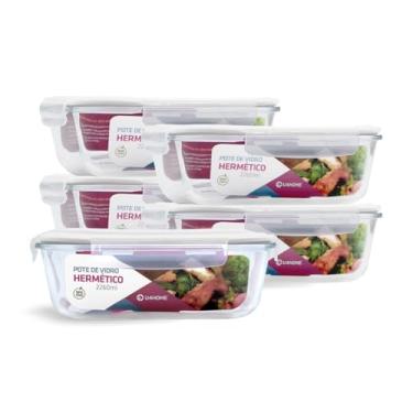 Imagem de Kit 5 Potes de Vidro Retangular com Tampa Hermética 2260ml (Branco)