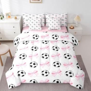 Imagem de Manfei Conjunto de edredom infantil com laço rosa, tamanho solteiro, gravata borboleta de futebol, estampa geométrica, decoração de jogo esportivo para meninas e meninos, branco (com elástico + lençol