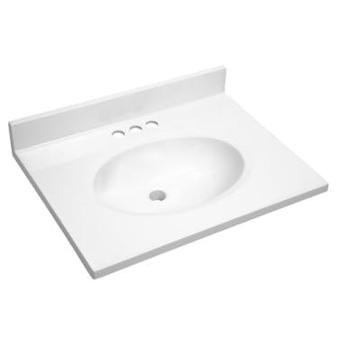 Imagem de Design House Tampo de toucador com pia, fundo de 10 cm, mármore cultivado, resistente a manchas, furos centrais pré-perfurados, branco, 63,5 cm L x 48 cm P x 26,4 cm A, 586180
