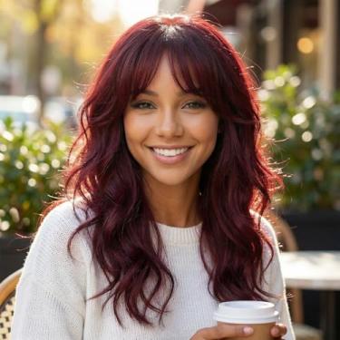 Imagem de Peruca de cabelo humano com franja de cortina, perucas médias longas e fofas em camadas para mulheres, peruca de renda sem cola de aparência natural para uso diário 61 cm vinho