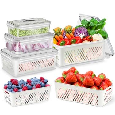 Imagem de Kit 4 Organizadores de Geladeira 6l Conjunto Organizador de Legumes Verduras E Alimentos com Escorredor Tampa Seladora Anti Vazamento Cozinha Potes Herméticos Caixas, Organizador de Geladeira