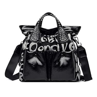 Imagem de Moda Bolsa Feminina Letra Rebite Bolsa de Ombro de Luxo de Couro de Alta Capacidade Bolsa Carteiro Preto de Grande Capacidade(Black,11 * 11 * 4inch)