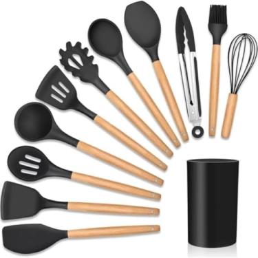 Imagem de Kit 12 Utensílios de Cozinha em Silicone Cabo Madeira Conjunto Jogo Completo Espátula Concha Colher Resistente Alta Temperatura. Conjunto Premium Completo