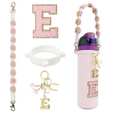 Imagem de BydGxy Amuleto de laço de fita de cereja para Owala FreeSip & Tumbler, acessórios de alça de garrafa de água iniciais personalizados, presente estilo preppy (rosa) - E