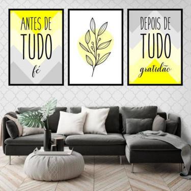 Imagem de Kit 3 Quadros Decorativos Fé E Gratidão Amarelo 45X34Cm