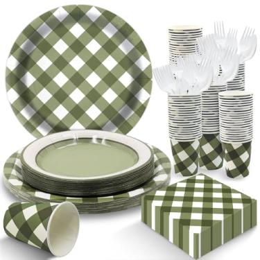 Imagem de EggSun Pratos e guardanapos de guingão verde, conjunto de utensílios de mesa descartáveis verdes e brancos, pratos de papel xadrez xadrez para aniversário, família, jantar, piquenique, churrasco