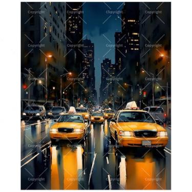 Imagem de Kit de pintura de tráfego urbano por números para adultos – pintura em tela de cena de rua de Nova York DIY em táxis amarelos à noite, conjunto de tinta acrílica para iniciantes, arte para decoração