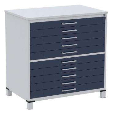 Imagem de Mapoteca 10 Gavetas Pandin 120 Cm (larg) Inmetro Tampo Mdp Cinza Estrutura Aço Cinza Gavetas Azul
