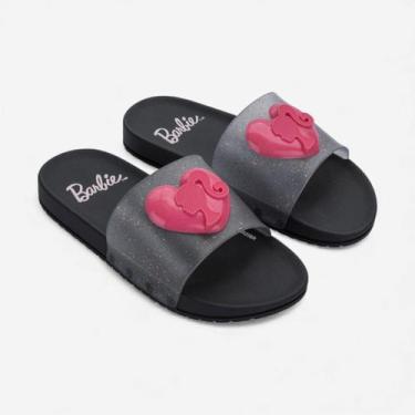 Imagem de Chinelo Barbie Mania Slide Infantil Preto, Preto, Glitter, Rosa, 29