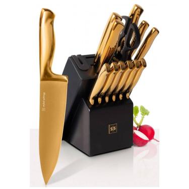 Imagem de Conjunto de Facas STYLED SETTINGS em Titânio com Bloco de Bancada e Afiador Embutido, 14 Peças, Dourada