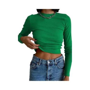 Imagem de Camiseta Verde Com Gola Canelada, Ajuste Slim, Manga Longa Para Mulher