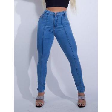 Imagem de Calça jeans feminina cristal com pinça frontal levanta bumbum elastano