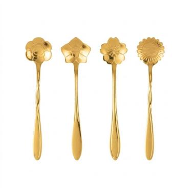 Imagem de Conjunto 4 Colheres Aço Inox para Chá Flores Dourado Wolff