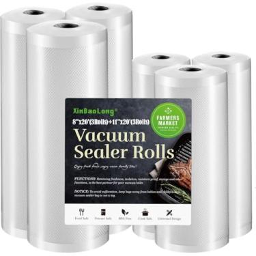 Imagem de [Super Pesados] Sacos selantes a vácuo para alimentos|Pacote com 6, XinBaoLong Food Saver Bags Rolls, de grau comercial, resistente, livre de BPA, ótimo para armazenamento Vac. Pacote com 6 8" x 20" (3 rolos) e 11" x 20" (3 rolos) Total de 120 metros!!!