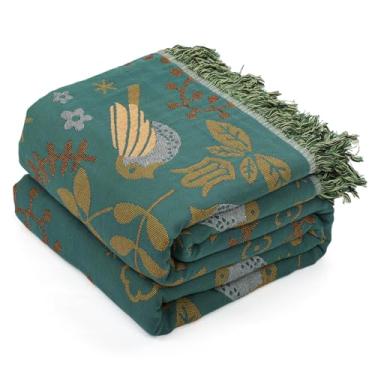 Imagem de MACEVIA Cobertor Boho 100% algodão, macio e leve, design floral de pássaro verde, 228,6 cm x 248,9 cm, colcha king size para sofá, cama, viagem, decoração de casa de cama, com franjas e borlas