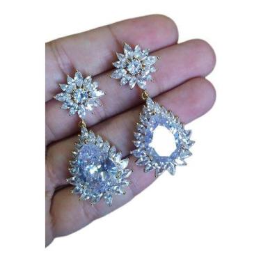 Imagem de Brinco Noiva Pedra Zirconia Dourado Festa Debutante Gota - De Castro j