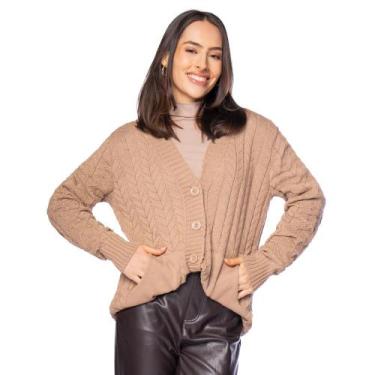 Imagem de Casaco Feminino Oliveira Malhas Tricot Botões Bege, Bege, Único