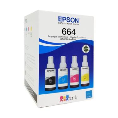 Imagem de Kit Refil de Tinta Epson 664, Preto/Magenta/Ciano/Amarelo, 70ml - T664