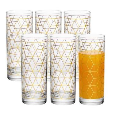 Imagem de Jogo 6 Copo Alto de Vidro para Drink 330ml Transparente Dourado Cube W