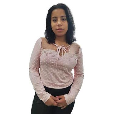 Imagem de Blusa Manga Longa Camisas Renda Guiper Bolinha Perolada Feminina Elega