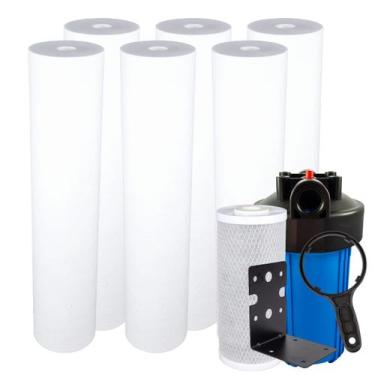 Imagem de Kit Filtro Água Carbon Block Big 10'' + 6 Refil Big 20'' Azul - Royal 