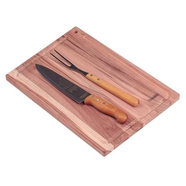 Imagem de Kit Tábua para Churrasco com Garfo e Faca em Madeira Jatobá Acabamento Lixado 40x28cm para Servir Tramontina