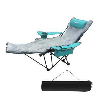 Imagem de POEPORE Cadeira de acampamento reclinável, 4 posições com descanso para os pés, confortável para adultos, 265 Ibs, espreguiçadeira dobrável de malha com bolsa térmica, almofada de algodão e suporte de