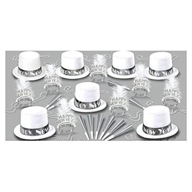 Imagem de Beistle Sortimento de gelo para 50 pessoas, artigos de festa de ano novo, adereços para cabine de fotos – chapéus, tiaras, fabricantes de ruído, colares, tamanho único, branco/prata