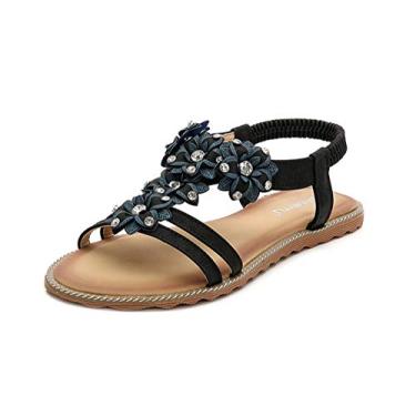 Imagem de HNGHOU Sandálias femininas de verão, casual, confortável, boêmia, praia, rasteira, bico aberto, tornozelo e cristal gladiador, Preto, 38