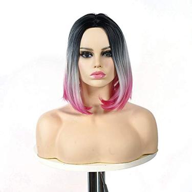 Imagem de Pkfinrd Perucas femininas esculpidas na altura do ombro peruca de seda ondulada gradiente de alta temperatura peruca de cabelo liso curto com franja de cabelo natural