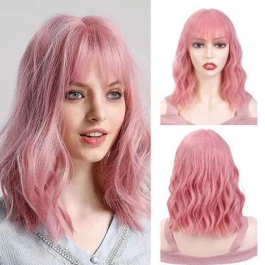 Imagem de Perucas Bob com franja Peruca cacheado ondulado loiro curto para mulheres resistente ao calor sintético natural aparência cosplay festa diária peruca para mulheres adorável rosa