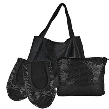 Imagem de Sapatilhas femininas dobráveis – Sapatilhas de balé portáteis para viagem, casamento – cabe na bolsa, Lantejoulas pretas + bolsa expansível, X-Large