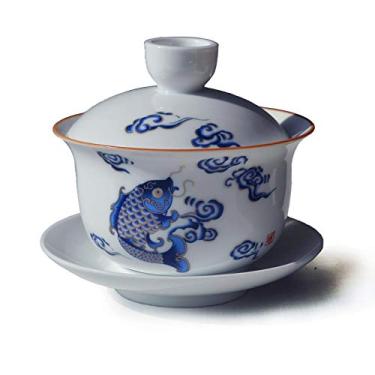 Imagem de Porcelana Gaiwan 200 ml Peixe Saltar Peixe Branco Vitrificado Tureen Chinês Capa Sancai Conjunto de Pires
