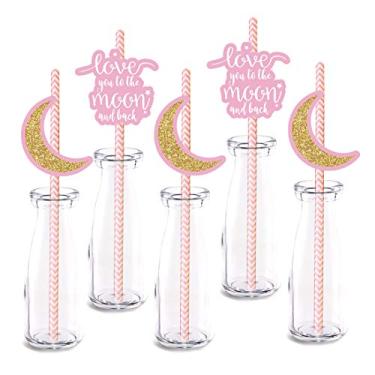 Imagem de Decoração de palha de cupcake de lua rosa, pacote com 24 "I Love You To The Moon And Back", decorações de chá de bebê ou festa de aniversário, canudos decorativos de papel