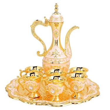 Imagem de Conjunto de bule de café turco de metal vintage conjunto de chá turco com 6 xícaras de café de luxo e bandeja de chá artesanal bule para servir chá zamzam café cappuccino(Gold)