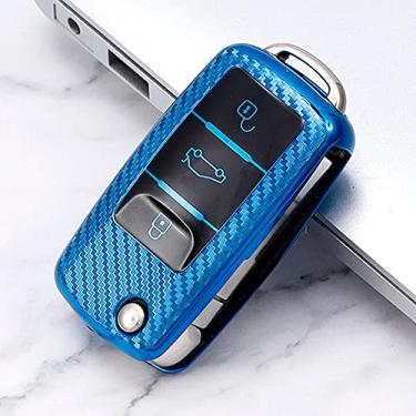 Imagem de YJADHU Capa protetora para chave de carro TPU de fibra de carbono, apto para VW Golf Bora Jetta POLO GOLF Tiguan Passat Skoda Octavia A5 MK6, azul