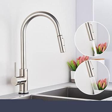 Imagem de Torneira misturadora de níquel escovado com furo único, bica extraível para pia de cozinha, torneira misturadora, cabeça de pulverização, cromado/preto, cozinha, D