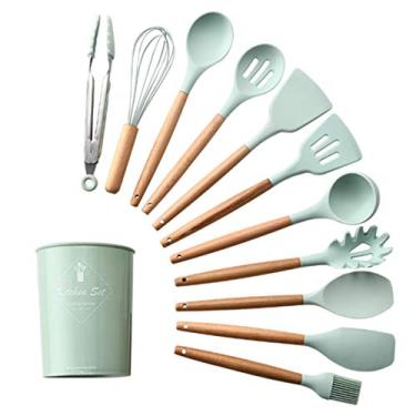 Imagem de Conjunto de utensílios de cozinha de silicone durável resistente ao calor com suporte, cabos de madeira, utensílios de cozinha, conjuntos de utensílios de cozinha (verde)
