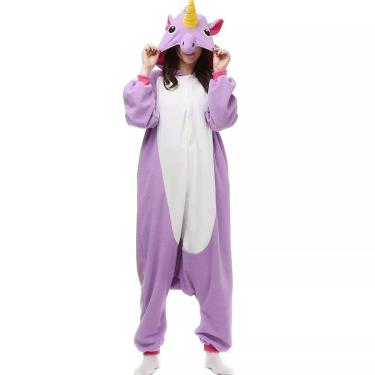 Fantasia Pijama Macacão de Unicórnio Kigurumi Adulto Lilás Com Gorro