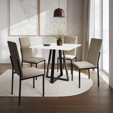 Imagem de Conjunto De Jantar Mesa Mônaco Premium 90Cm Branca Com 4 Cadeiras Estofadas Bege - Cor: Preto