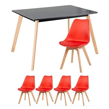 Imagem de Loft7, Mesa de jantar retangular 80 x 120 cm preto + 4 cadeiras Leda vermelho