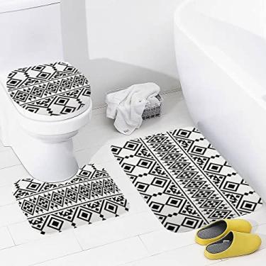 Imagem de Conjunto de tapetes de banheiro 3 peças étnicas preto e branco, tapete de banheiro lavável, antiderrapante, tapete de contorno e tampa para banheiro