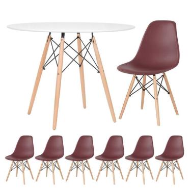Imagem de Mesa Redonda Eames 100cm Branco + 6 Cadeiras Marrom