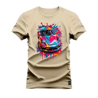 Imagem de Camiseta Plus Size Unissex Algodão 100% Algodão Carro Mega Colores Bege G3
