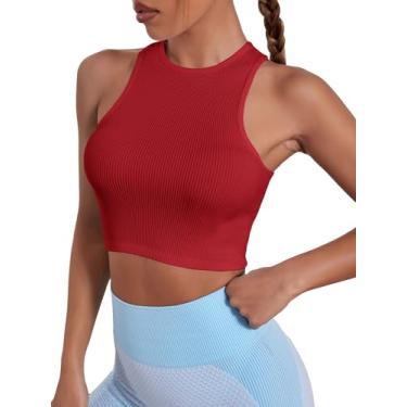 Imagem de COZYEASE Camiseta feminina cropped de malha canelada sem mangas para treino básica sem costura costas nadador yoga esportes camisetas, Vermelho, P
