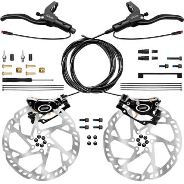 Imagem de Conjunto de freio a disco hidráulico para bicicletas elétricas DYISLAND 4 pistões/2 pistões, 2 pinos/3 pinos, pré-fabricado com kit de freios a óleo mineral: conjunto dianteiro e traseiro