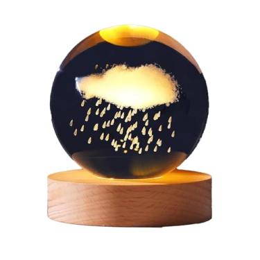 Imagem de Luz noturna de bola de cristal 3D, luz noturna LED com base de madeira, forma de coração, nuvem de chuva, rosas, flor, baleia, bola de cristal, luz noturna, abajur de mesa de bola de cristal(Chuva)