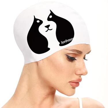 Imagem de Jonhasoo Touca de natação de silicone para mulheres, touca de natação de cabelo longo impermeável com estampa fofa (branca)