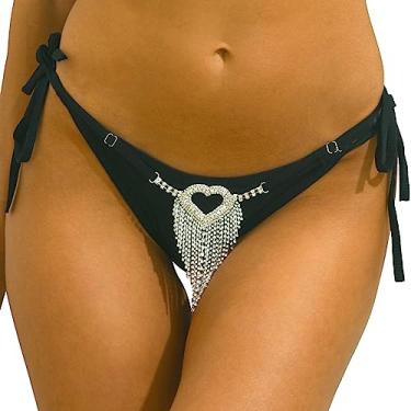 Imagem de Calcinha sexy de verão com pingente de coração de strass, tangas ajustáveis, borla rave, fio dental, corrente de cintura, biquíni, praia, cristal, tanga, corrente corporal para mulheres (prata)