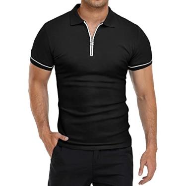 Imagem de Nova camiseta polo masculina de verão fina manga curta gola polo cor sólida slim fit camiseta top, Preto, G